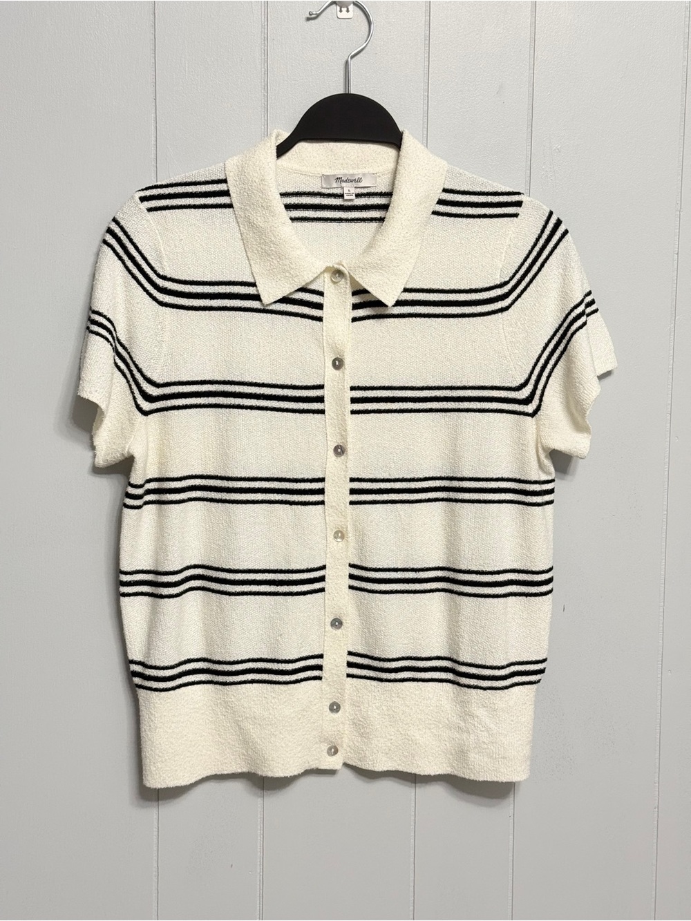 #20) Madewell Cream Short-Sleeve Button-Down Polo with Black Stripes